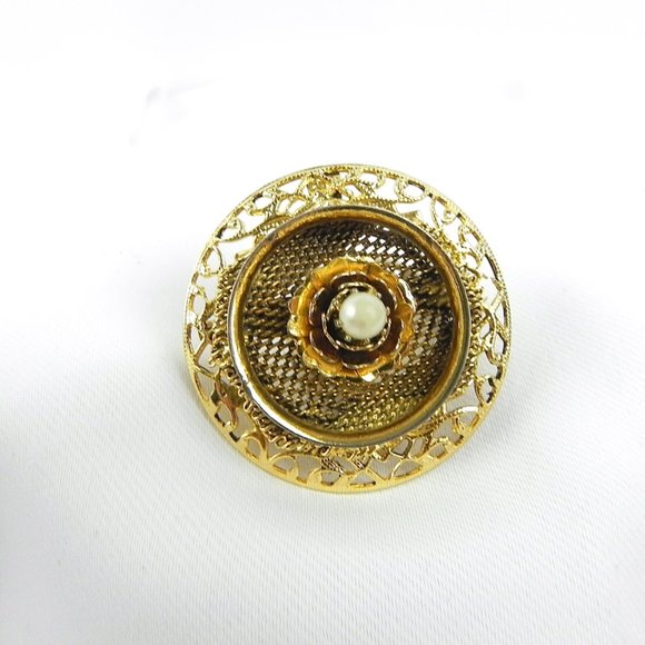 Vintage Pearl Filigree Brooch | Gold-Tone Rose Brooch or Pendant - Picture 5 of 12